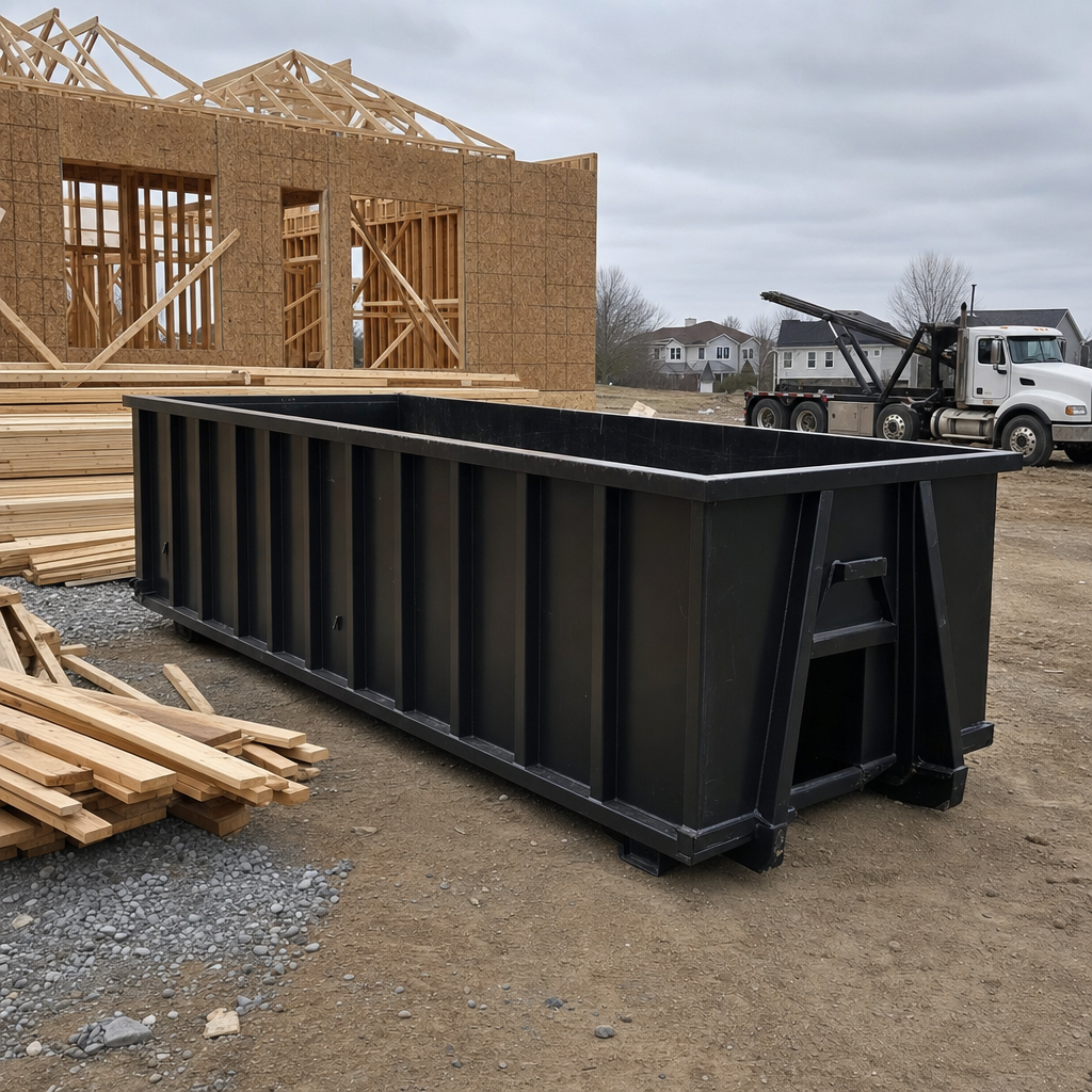 Matte-black 40-yard roll-off dumpster staged on a framed-out residential construction site in Surprise, framing lumber stacked nearby, hooklift delivery truck visible in the background under bright Colorado daylight