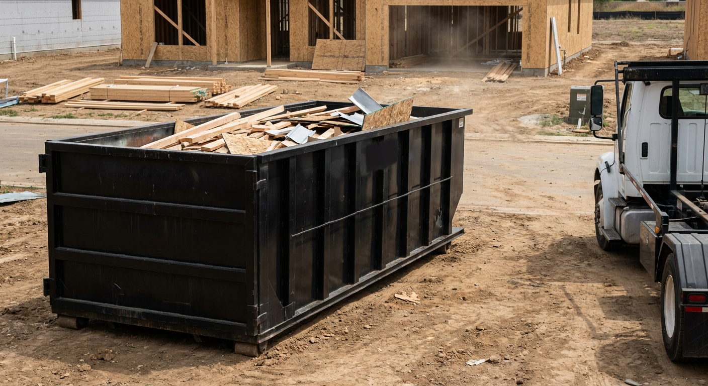 Matte-black 20-yard roll-off construction dumpster with heavy ribbed steel sidewalls and swing rear doors at a working jobsite in Surprise, sitting directly on compacted dirt with an unmarked white hauler partially visible at the far edge of the frame.