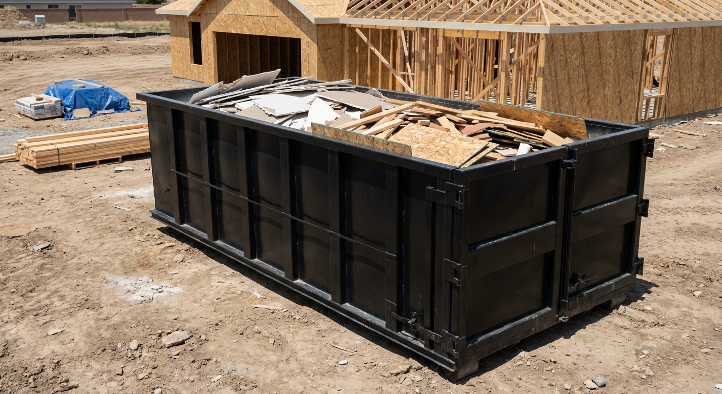 Matte-black 30-yard roll-off construction dumpster sitting directly on the compacted-dirt site of a framed single-family home build in Surprise, drywall and lumber scrap loaded inside.