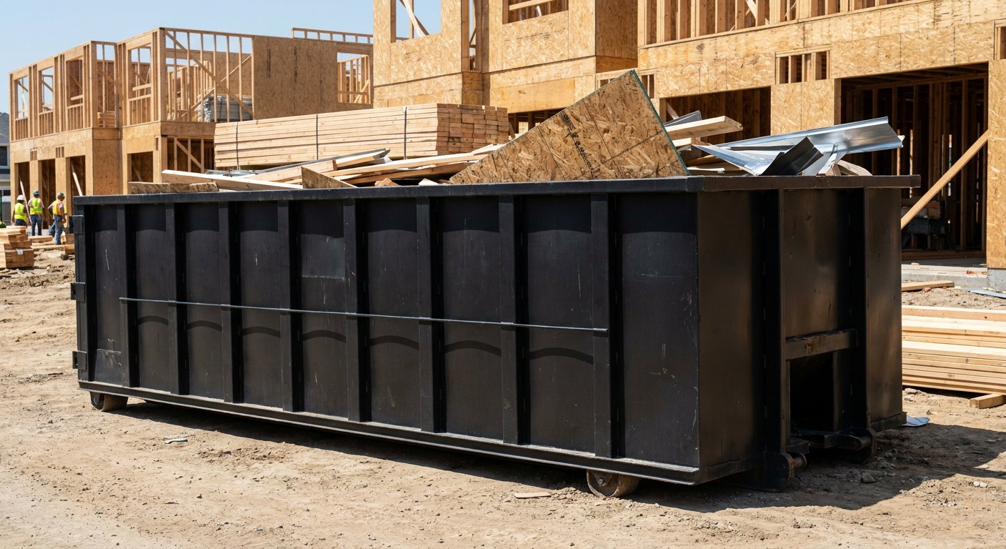 Matte-black 40-yard roll-off construction dumpster being lowered from a white-cab hooklift delivery truck onto the compacted-dirt jobsite at a commercial build site in Surprise