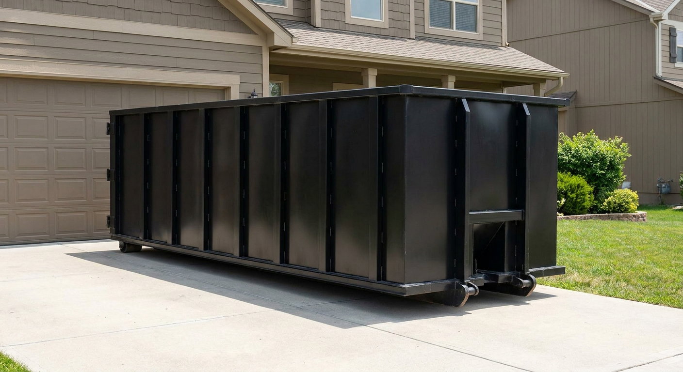 Matte-black residential roll-off dumpster sitting directly on a suburban Surprise concrete driveway, garage door closed, single-family home in background, bright morning daylight.