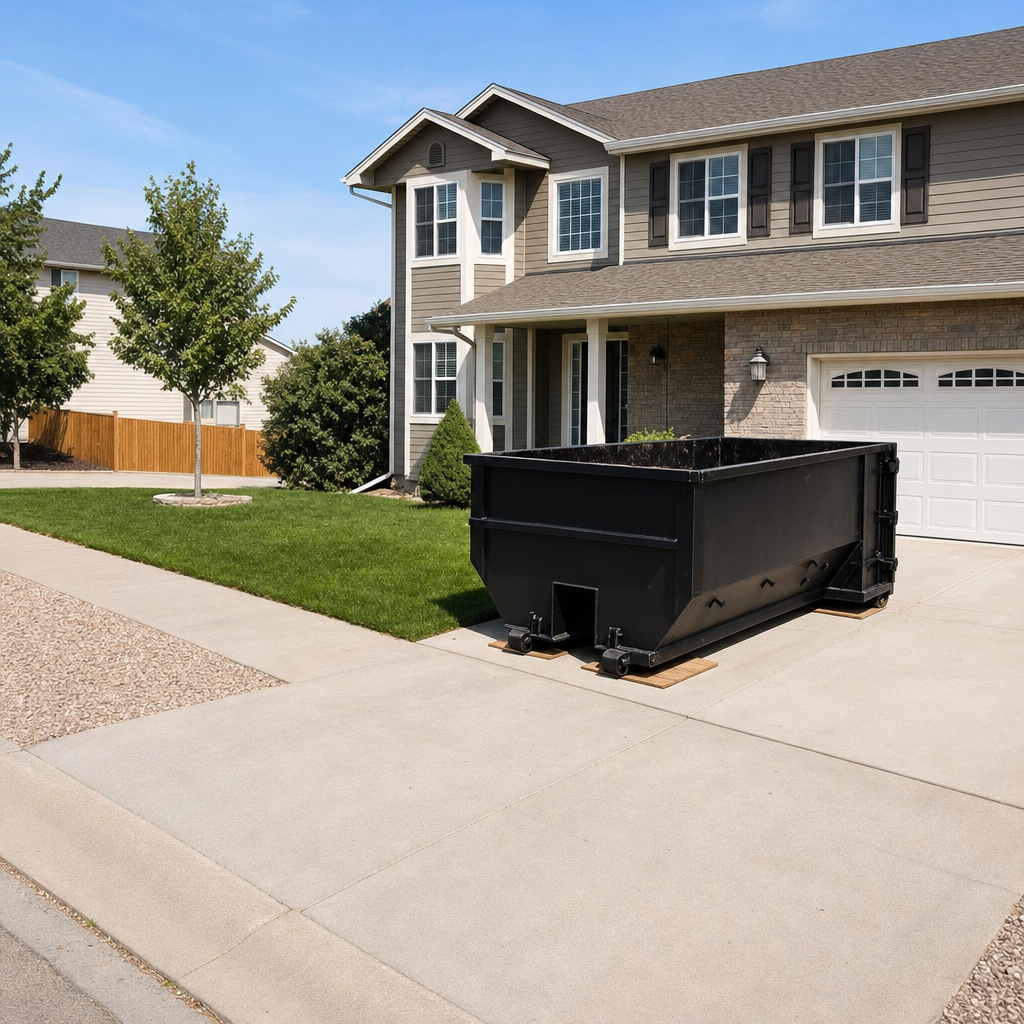 10-yard matte-black residential dumpster placed directly on a narrow Surprise concrete driveway, room remains for a parked sedan beside it, mid-morning natural light