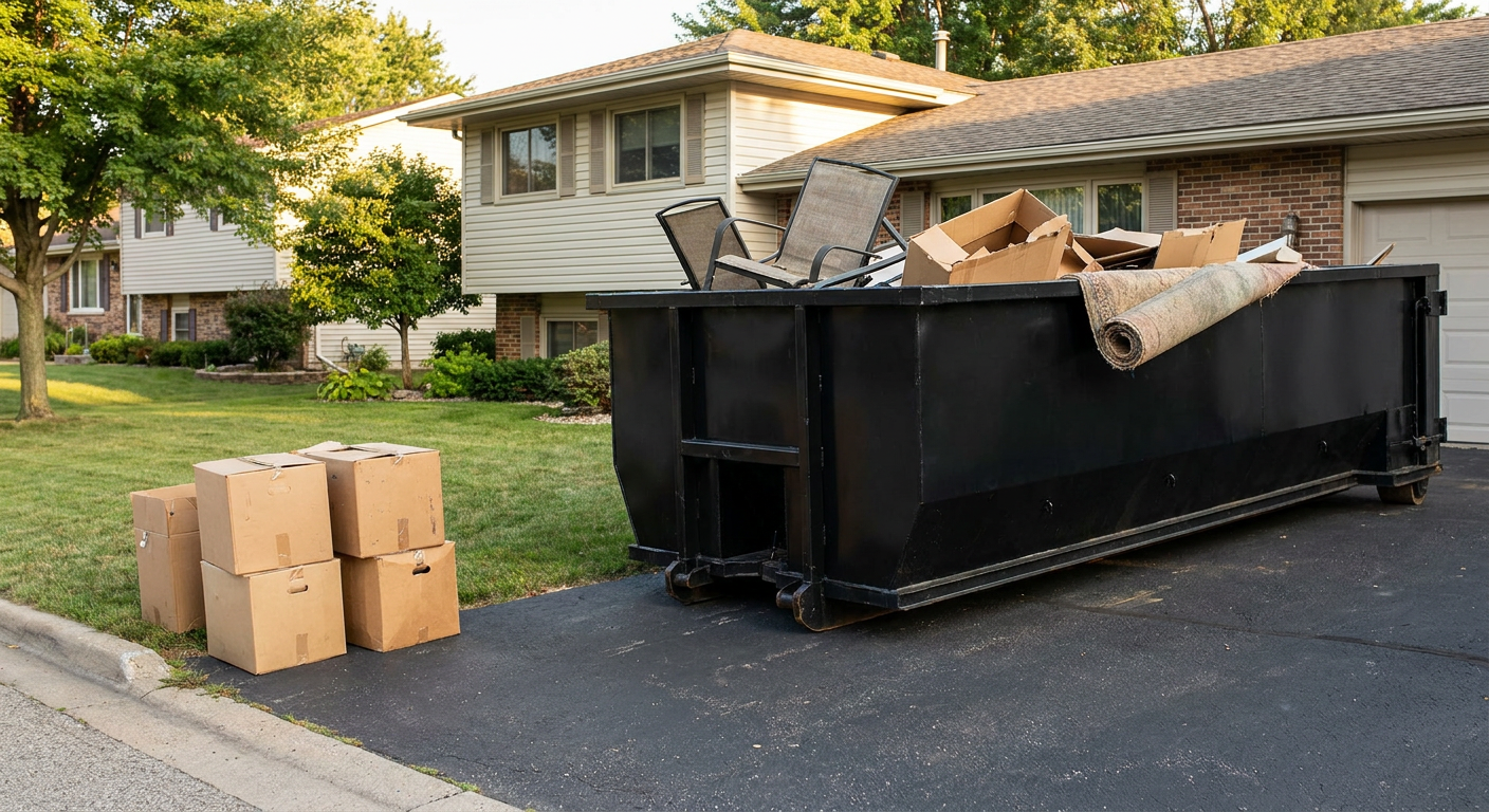 Front-yard view of a Surprise split-level home with a 20-yard matte-black roll-off dumpster sitting directly on the asphalt driveway, a few clearly labeled donation boxes staged at the curb, calm sunny afternoon.