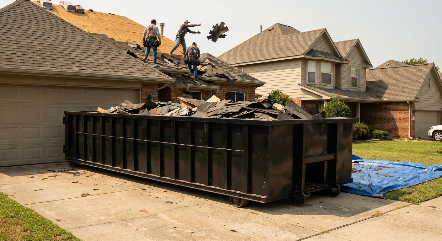 Matte-black roofing roll-off dumpster placed directly on a Surprise residential concrete driveway, a tear-off crew on a two-story asphalt-shingle roof tossing shingle bundles into the low-walled container, bright daylight, documentary 35mm perspective.