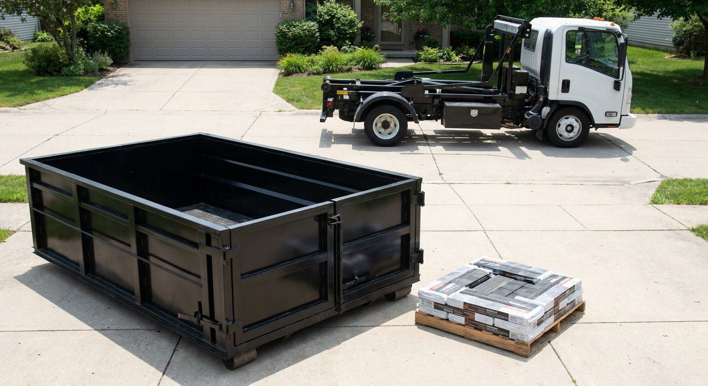Matte-black 15-yard roofing roll-off dumpster with reinforced low side walls sitting directly on a Surprise residential concrete driveway, three-tab asphalt shingle bundles stacked nearby, an unmarked white hauler truck partially visible at the edge of the frame.