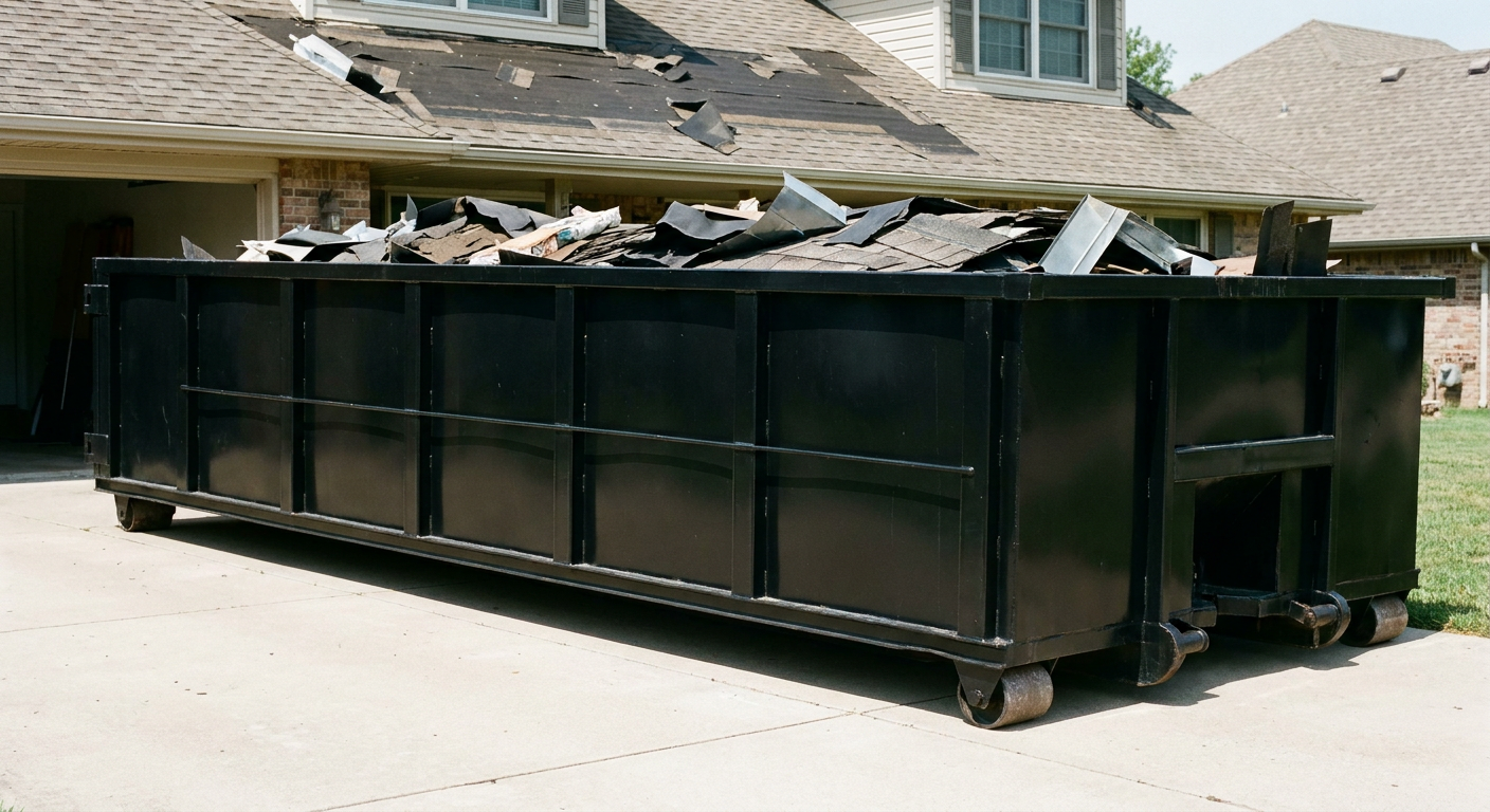 Matte-black 20-yard roofing roll-off dumpster with steel ribbed sides and swinging rear door, sitting directly on the concrete driveway of a two-story Surprise home, asphalt shingle debris being loaded over the low wall, clean documentary lighting.