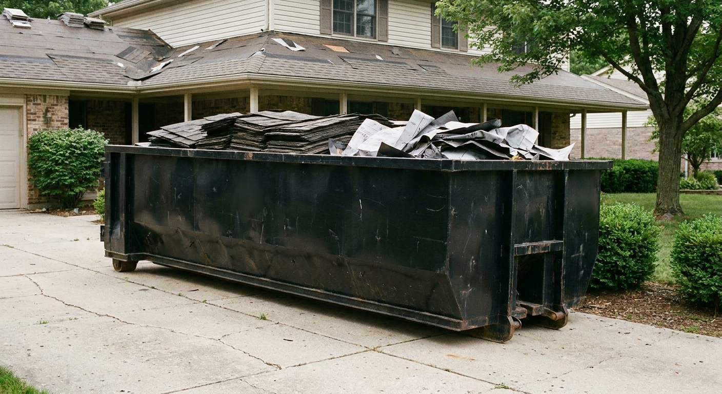 Matte-black 30-yard roofing roll-off dumpster sitting directly on a Surprise concrete driveway, taller ribbed steel side panels, mixed tear-off debris of asphalt shingles and underlayment inside, professional documentary daylight.