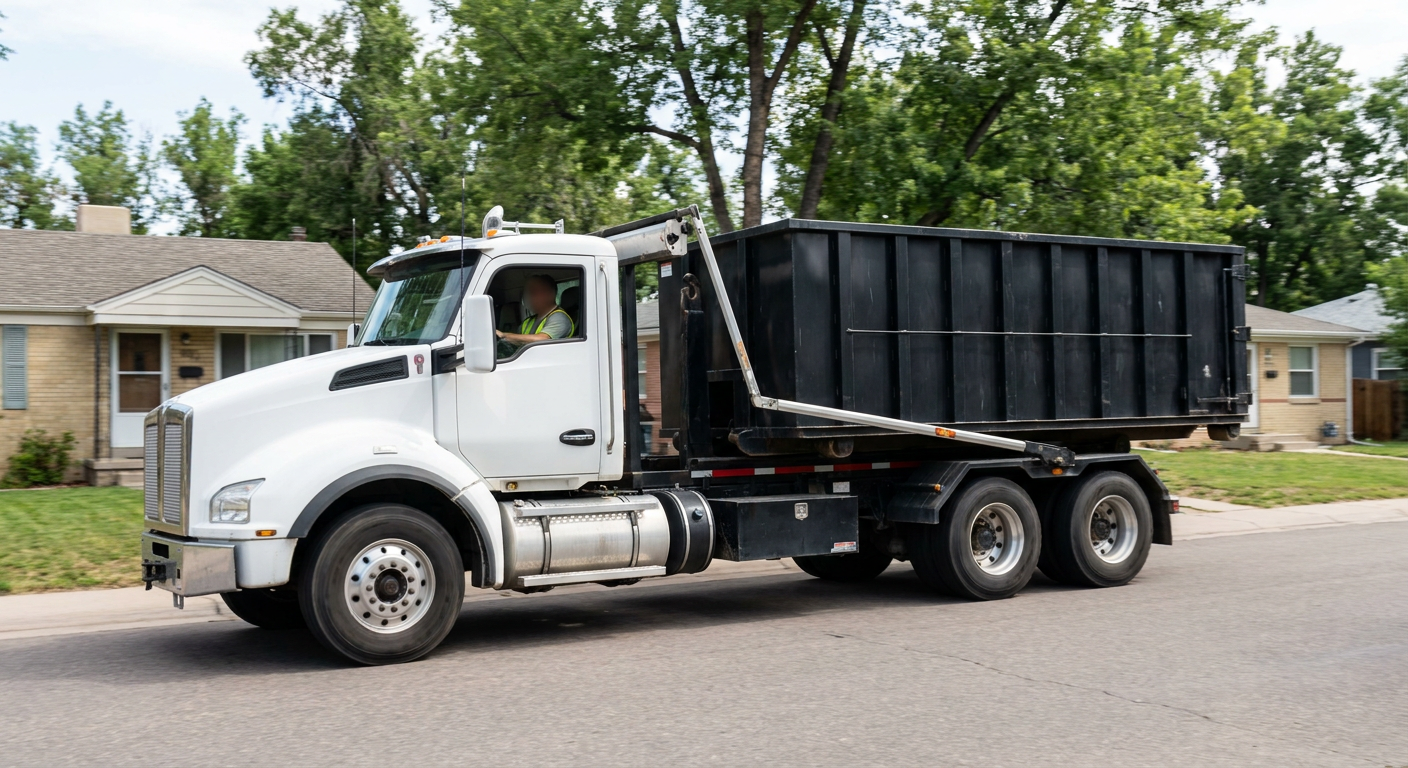 A wide documentary shot of a matte-black roll-off delivery truck pulling onto a quiet Surprise residential street at mid-morning, with neighborhood rooftops and tree-lined blocks visible behind, showing the metro coverage footprint.