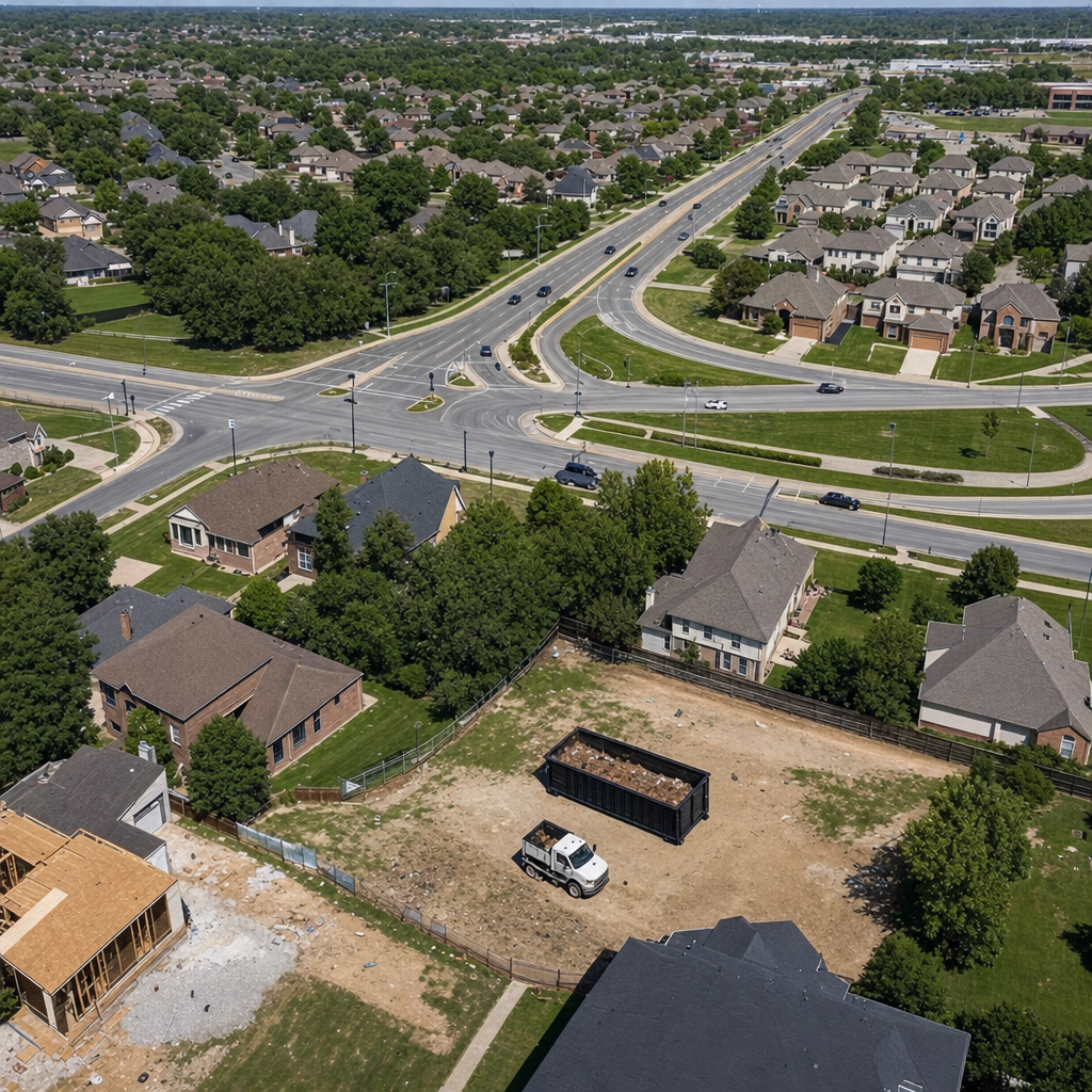 An overhead documentary view of the Surprise metro area at midday, showing the spread of neighborhoods, arterial roads, and the dispatch radius from a central yard — clean daylight, organized geographic layout.