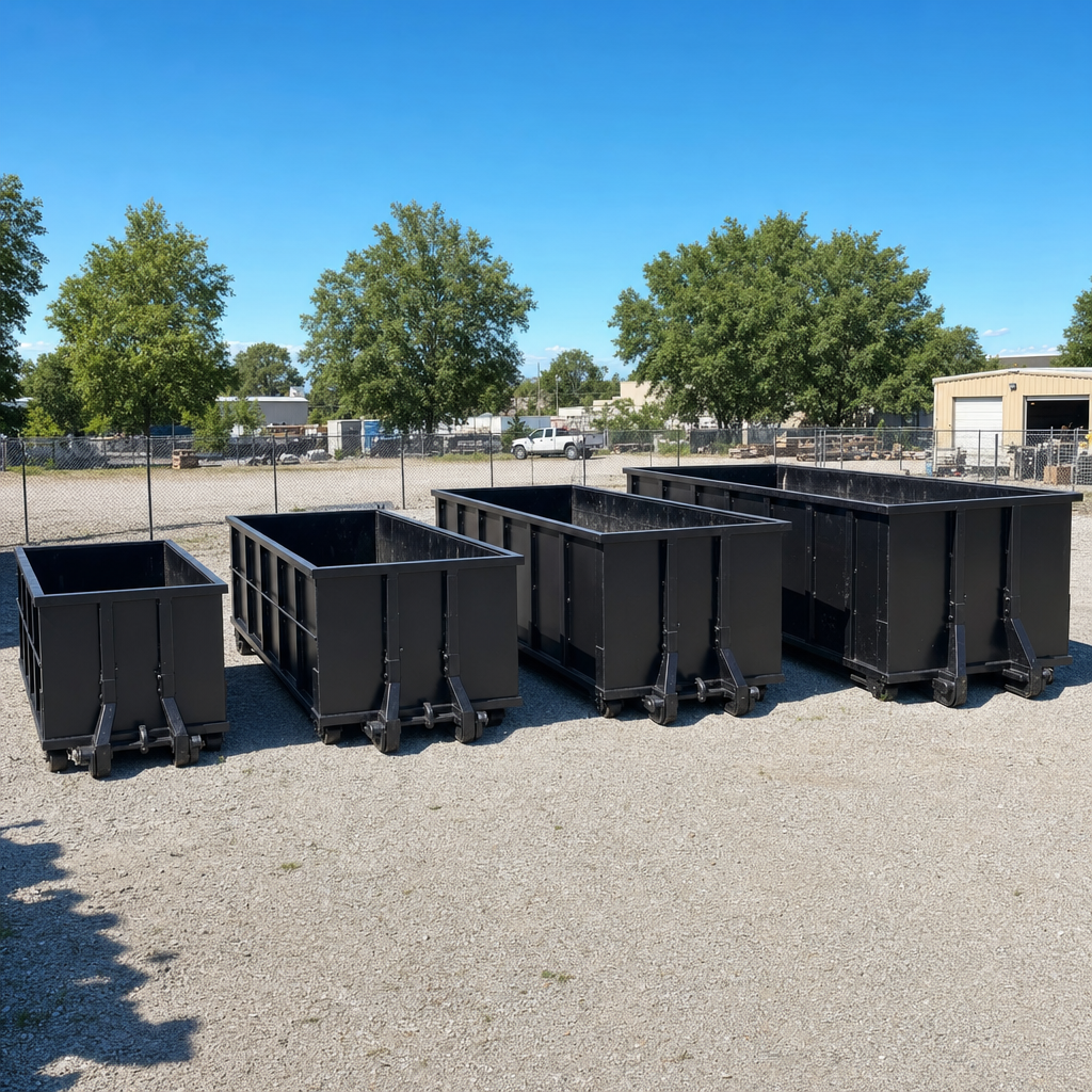 A clean lineup of matte-black roll-off dumpsters in 10, 20, 30, and 40-yard sizes staged on a sunlit gravel yard in Surprise, showing the size progression from compact to commercial-scale containers.