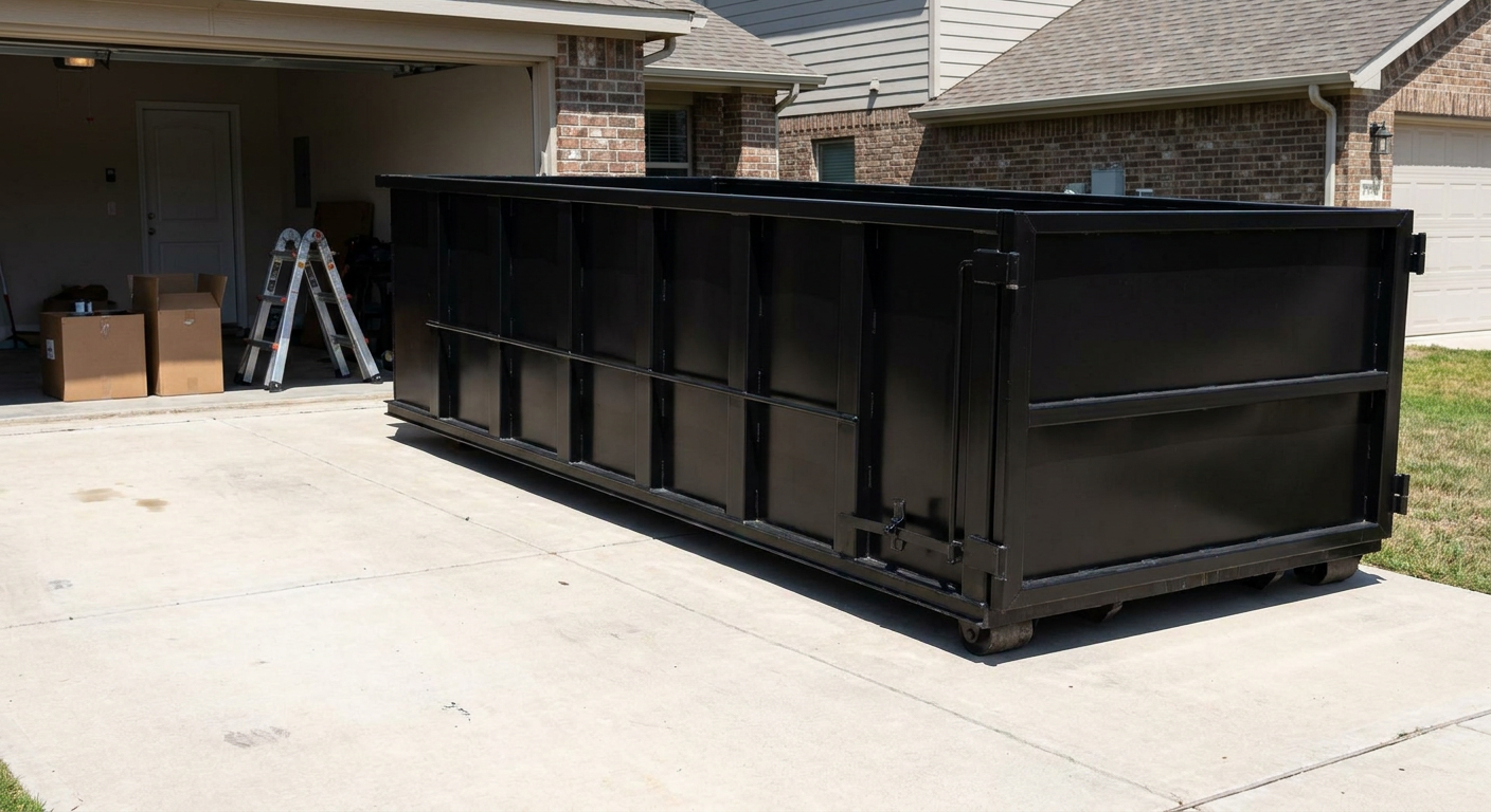 A matte-black 10-yard roll-off dumpster sitting directly on a residential Surprise concrete driveway, mid-day sunlight, clean and ready for a garage cleanout.