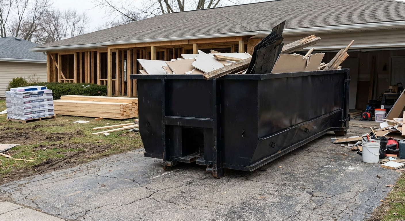 A matte-black 20-yard roll-off dumpster placed alongside a mid-renovation Surprise home directly on the asphalt driveway, with framing materials and torn-off shingles staged neatly nearby.