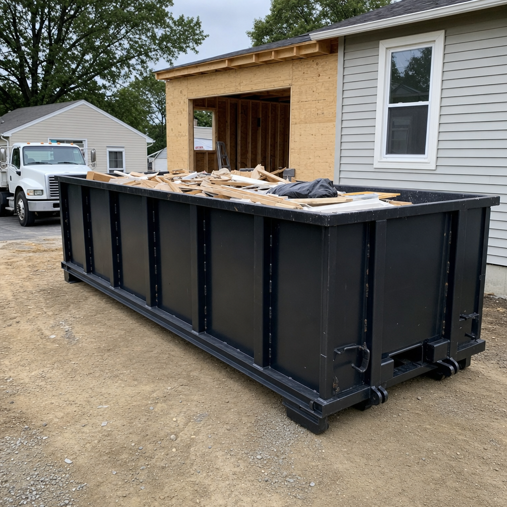 A matte-black 30-yard roll-off dumpster positioned at a Surprise residential addition jobsite, with framing lumber and drywall scraps loaded through the open swinging rear doors.