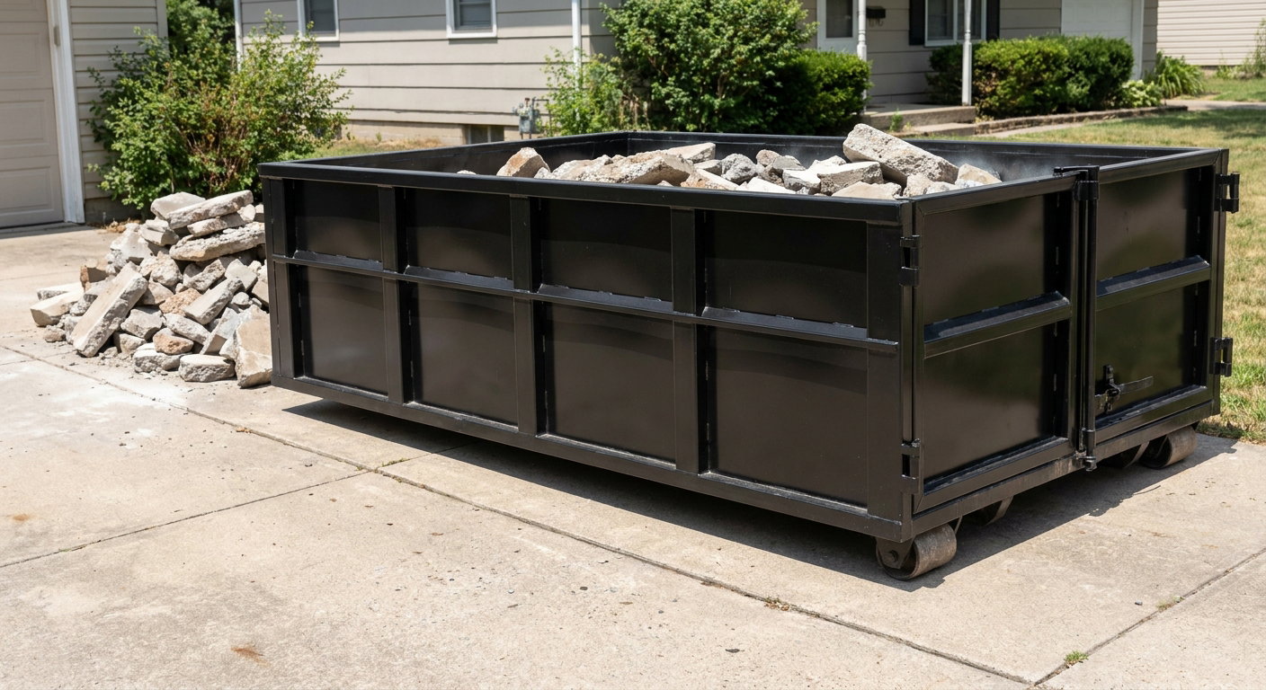 A matte-black low-side heavy-debris roll-off dumpster placed directly on a Surprise concrete driveway, with broken concrete chunks neatly stacked beside it under clean daylight.